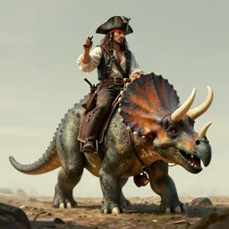 pirate riding a triceratops, trending on artstation, high detail, masterpiece, in the style of ruan jia and brad rigney