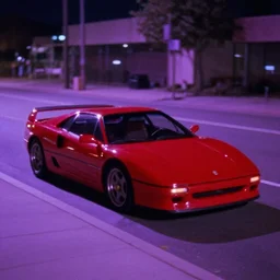 8 0 s red sports car, parked on deserted city street at night time, purple lighted street, retrowave vibes, grainy, soft motion blur, vhs screencap