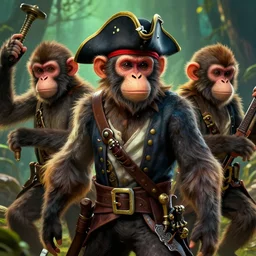 sea of thieves but the pirates are monkeys, high detail, elegant, digital painting, cinematic lighting, vibrant, intricate, textured skin, highly detailed, artstation, sharp, focus, hdr, unreal engine 5, breathtaking ilya kuvshinov, nikolay makovsky