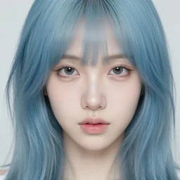 a pale girl with blue hair, fringe, soft facial features, looking directly at the camera, neutral expression, instagram picture