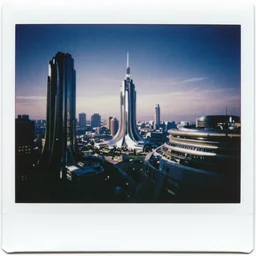 a retro photograph polaroid of a future city from the year 2428
