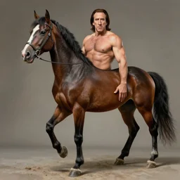 nic cage transforming into a horse, buff, full body painted portrait, highly detailed,
