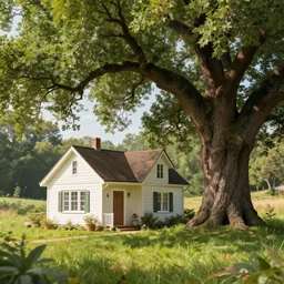 a sweet little home next to a giant oak tree, realistic, 8 k, extremely detailed, cgi, trending on artstation, hyper - realistic render, by greg rutkowski