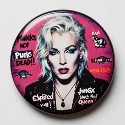 painting on a badge!!!!, photo of a marilyn manson, punks not dead!!!!, exploited!!, clash, junk yard, rats!!, god save the queen!!!, punk rock album cover art style, grunge, no future!!!!, glitch effect