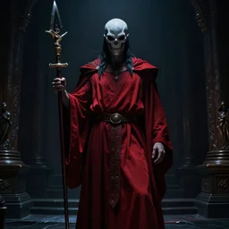 hades, god of the underworld, dressed in a crimson robe in a dark room, dramatic photography