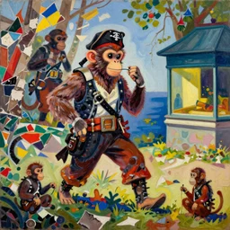 monkey space pirates, vibrant colors, painting by shaun tan, detailed, intricate, torn paper decollage, oil on canvas by edward hopper, ( by mattias adolfsson ), by moebius
