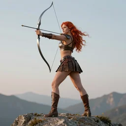 full - body matte portrait of a beatiful voluptuous female archer with long red hair in a heroic pose at the top of a mountain holding a silver greatbow, tied leather armor, art by albert bierstadt, alphonse mucha, andreas rocha, greg rutkowski, sharp edges. ultra clear detailed. 8 k. elegant. octane render