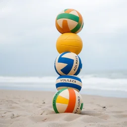 ten beach vollyballs stacked up on beach,