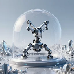 robotic cybernetic mining rig under transparent dome on cybernetic crystal planet. digital render. cyber space lineart sky. biotic ice. james gilleard. futuristic. detailed. mike winkelmann. beeple. robot. artstation.