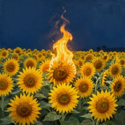 a painting of a sunflower field is burning in midnight by edward hopper and salvador dali, surrealism, artstation,