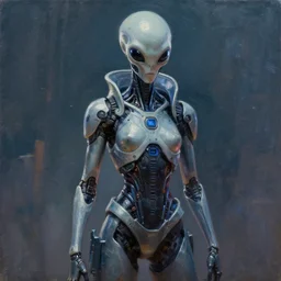 alien figure cyberpunk, 2 0 8 8, rossdraws, 8 kuhd, oil painting, octane render