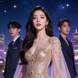 masterpiece portrait charming and miracle female astromancer lifestyle accessories in dreamlike movie, kpop, luxry dress, high detailed face, art by tsuyoshi nagano, greg rutkowski, kyoung hwan kim, big major starry sky and city in background, maximalist, medium long shot, fantasy, no distorsion, 4 k realistic, uhd,