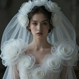 hight focus f - 2 2, 8 5 mm, iso 1 0 0 : a wonderful realistic focused face portrait of a lonely woman with a detailed wonderful symmetrical face who is dressed with a wonderful, majestic, large semi transparent white cotton dress ornate with semi transparent cotton roses, no arms visible, dramatic light, octane render, by roberto ferri style