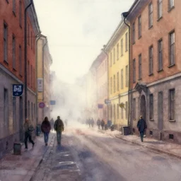 watercolor painting of street at finland helsinki, ambient lighting and shadows, fog, art by hans dahl, by jesper ejsing, art by anders zorn, wonderful masterpiece by greg rutkowski, cinematic light