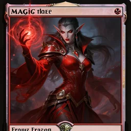 magic : the gathering fantasy character concept art by franz frazetta, high resolution. a clear portrait of a beautiful, female drow elf warlock with grey skin, wearing red and black, casting a spell, intricate, digital painting, artstation, smooth, sharp focus