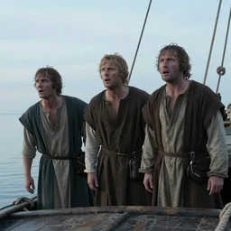 Cinematic still of Stunned Men in 1st century clothing standing on a boat, looking in shock at the calm water, peaceful, epic directed by Ridley Scott
