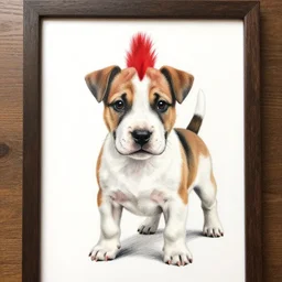 drawing of a bull terrier puppy with a red mohawk, style of greg rutkowski, in - frame
