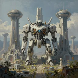 ultra realist intricate detailed landscape painting of an alien world with mech buildings and cyborg tech, symmetry accurate features, very intricate details, bokeh focus, 8 k render, artstyle lorenz hideyoshi ruwwe, award winning