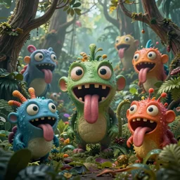 of an intricate hazy jungle with strange colorful cute friendly funny creatures with huge eyes, long tongue, square teeth and funny face appearing from the trees, in the style of mike winkelmann, macro lens, shallow depth of field, highly detailed, digital painting, trending artstation, concept art, illustration, cinematic lighting, vibrant colors, photorealism, epic, octane render