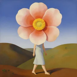giant flower as head, woman walking between hills, surreal, flat light, painting, digital painting, artstation, georgia o'keeffe
