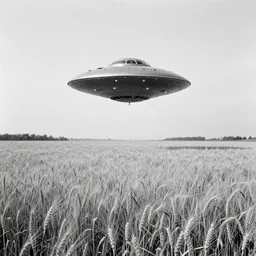 a picture of an ufo above an wheat field, black and white, 1 9 2 0's, pictorialism