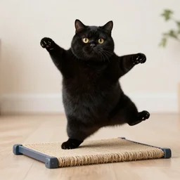 highly detailed and photorealistic anthropomorphic chubby black cat dancing around a long and thin scratchpost