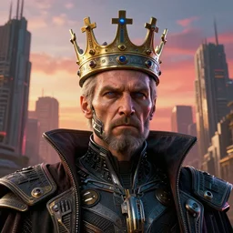 fine art portrait of a high - tech king, futuristic crown, at dawn, totalitarian dystopia, high contrast, totalitarian, brutalist architecture, hyper - realist, sharp focus, vibrant colors, detailed, volumetric lighting, impactful masterpiece, by wayne barlowe, by ivan aivazovski, unreal engine, cgsociety