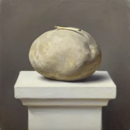a beige boulder with a matchstick on top of a white plinth, oil painting