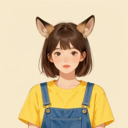 girl with brown hair, short horns, long animal ears, a yellow t - shirt and blue overalls, geisha portrait
