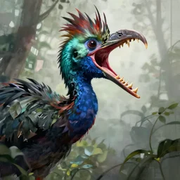 cassowary with open beak full of pointy teeth, screeching, award winning, nature setting, trending on artstation, lovecraftian, abstract, digital painting, digital art, modern art, disturbing