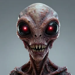 portrait of a space alien, horror meat monstrosity with teeth blender, octane render, big black death eyes containing a piercing white red lights, realistic render, detailed, ugly, slimy unreal engine, symmetrical face, greg rutkowski and ruan jia, cinematic