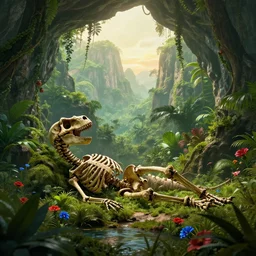 a lying skeleton of a dinosaur in a lush prehistoric jungle cave, mountains, vines, water, scattered red and blue flowers, sunrise, lush flora, beautiful artwork, volumetric lighting, haze, hyperrealistic, 8 k