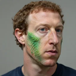 mark zuckerberg sheds human skin, under which there are green scales, realism, maximum details, high quality, good elaboration of style, depth of field, focus, a picture of classicism