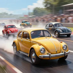 epic professional digital art of year 2010 Volkswagen Beetles drag racing ,best on artstation, cgsociety, wlop, Behance, pixiv, astonishing, impressive, outstanding, epic, cinematic, stunning, gorgeous, concept artwork, much detail, much wow, masterpiece.
