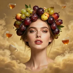 epic portrait of beautiful female face supermodel portrait wearing dates fruit crown, tea flying in sky by amy leibowitz, wlop, jeremy lipkin, beeple, intricate, artgerm, ilya kuvshinov, golden clouds background