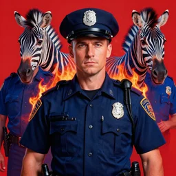 red and blue zebra pattern, psychedelic color theme, beautiful hyperrealisitic portrait of burning police officer, tristan eaton, victo ngai, artgerm, rhads, ross draws