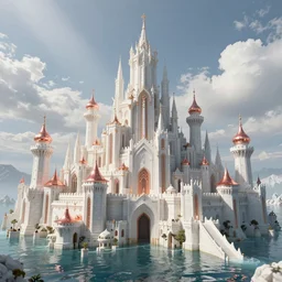 a beautiful fantasy castle made from white stone and bright copper, medieval city submerged in water, metropolis, magic, tall towers, gorgeous clouds, white marble, god rays, digital art, fantasy art, octane render, unreal engine, high detail, very realistic, by greg rutkowski, by james gurney