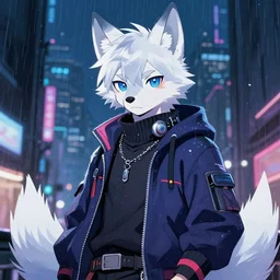 character portrait of a male anthro albino wolf fursona with a tail and a cute beautiful attractive detailed furry face wearing stylish cyberpunk clothes in a cyberpunk city at night while it rains. hidari, color page, tankoban, 4K, tone mapping, Akihiko Yoshida.