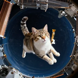 Photo of a cat floating inside the ISS, realistic award-winning