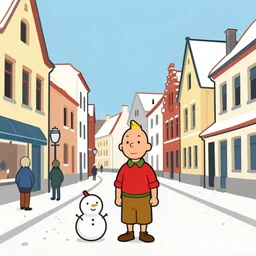 tintin and snowy in a belgian 1 9 5 0 s street, ligne claire style with simple lines and bold colours