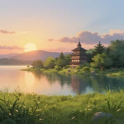 a serene landscape with a singular building near a lake at sunrise ， pixar style ， ghibli studio anime style ， 8 k hdr ， octane render ， unreal engine ， - w 1 0 2 4