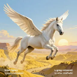 detailed fantasy creature illustration of a majestic beautiful white pegasus flying above a landscape of yellow mesas at sunrise, trending on artstation, digital art ( by brad rigney ) ( by greg rutkowski ) ( by artur treffner )
