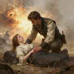 Epic portrait A male medic saving an female medic from an explosion, blurred explosion backround, dirt, foggy, digital painting, artstation, concept art, soft light, hdri, smooth, sharp focus, illustration, fantasy, intricate, elegant, highly detailed, D&D, matte painting, in the style of Greg Rutkowski and Alphonse Mucha and artemisia, 8k, highly detailed, jurgens, rutkowski, bouguereau, pastoral, rustic, georgic