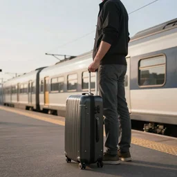 A man with a big suitcase waits for a train on a platform, trains in the background, low angle, morning hard light, high quality, award winning photography