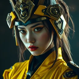 female samurai, defiant, cyberpunk, vibrant yellow colors, surreal, french baroque style by alexander mcqueen, hyper detailed, cinematic, leica 1 9 3 0 photography portrait
