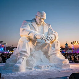 dramatic photo, the rapper'ice cube'carving a sculpture of rapper'ice cube'at harbin i've festival, wide angle photo, award winning, artgerm, wlop, james gurney, trending on artstation