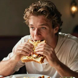 Detrans man eating a chicken and bacon sandwich