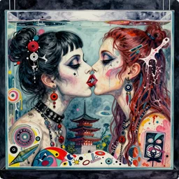 watercolor painting of two bizarre psychedelic goth women kissing each other closeup in a aquarium in japan, speculative evolution, mixed media collage by basquiat and jackson pollock, maximalist magazine collage art, sapphic art, lesbian art, chemically damaged