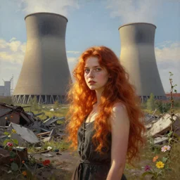 red hair girl, chernobyl powerplant!!!, rubble, ruins!!, flowers, vines, hyperrealistic, highly detailed, cinematic, single ray of golden sunlight, beautiful, cgssociety, artstation, 8 k, oil painting by greg rutkowski, by artgerm, by wlop