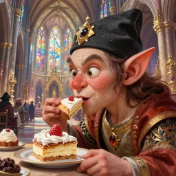 closeup profile portrait of medieval goblins eating cakes in the cathedral, hyung tae, frank frazetta, hyper realistic, artstation, illustration, digital paint, matte paint, vivid colors, bright, cheerful, detailed and intricate gothic environment